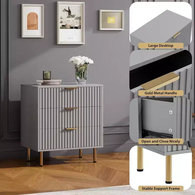 Comò a 3 cassetti per camera da letto, comodino moderno scanalato con cassetti profondi, cassettiera con piano largo, organizer in legno, tavolino