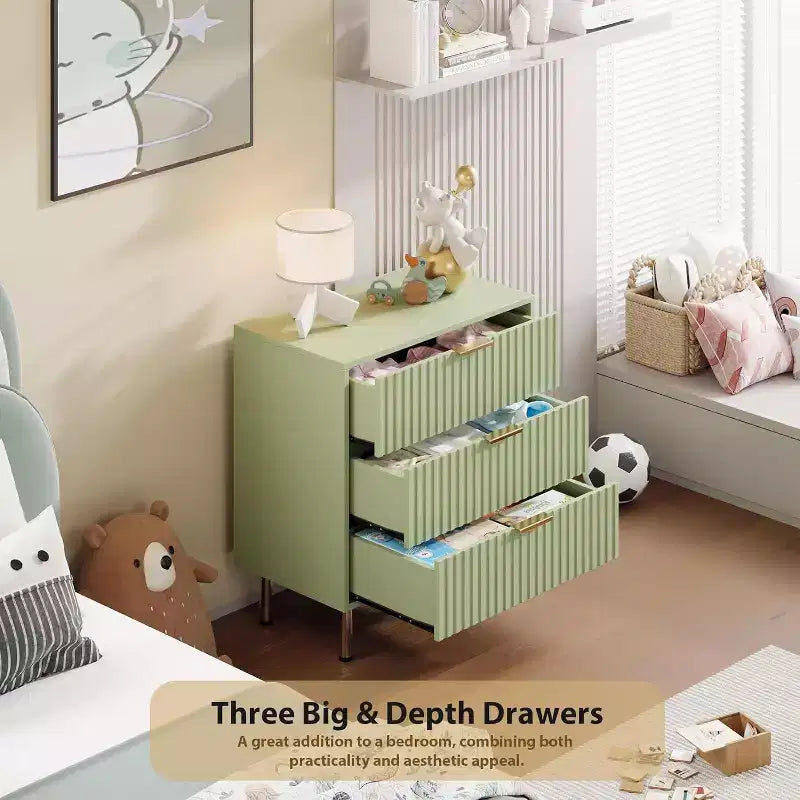 Comò a 3 cassetti per camera da letto, comodino moderno scanalato con cassetti profondi, cassettiera con piano largo, organizer in legno, tavolino