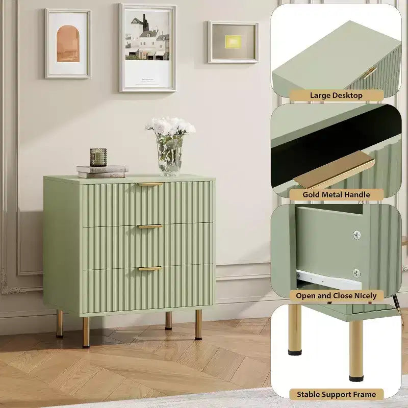 Comò a 3 cassetti per camera da letto, comodino moderno scanalato con cassetti profondi, cassettiera con piano largo, organizer in legno, tavolino