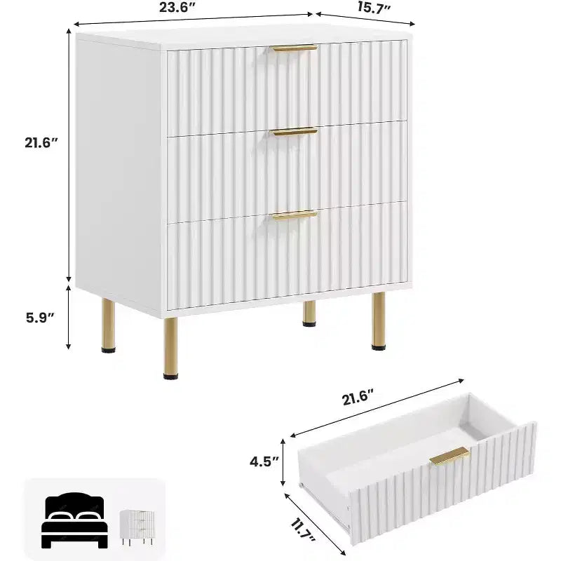 Comò a 3 cassetti per camera da letto, comodino moderno scanalato con cassetti profondi, cassettiera con piano largo, organizer in legno, tavolino