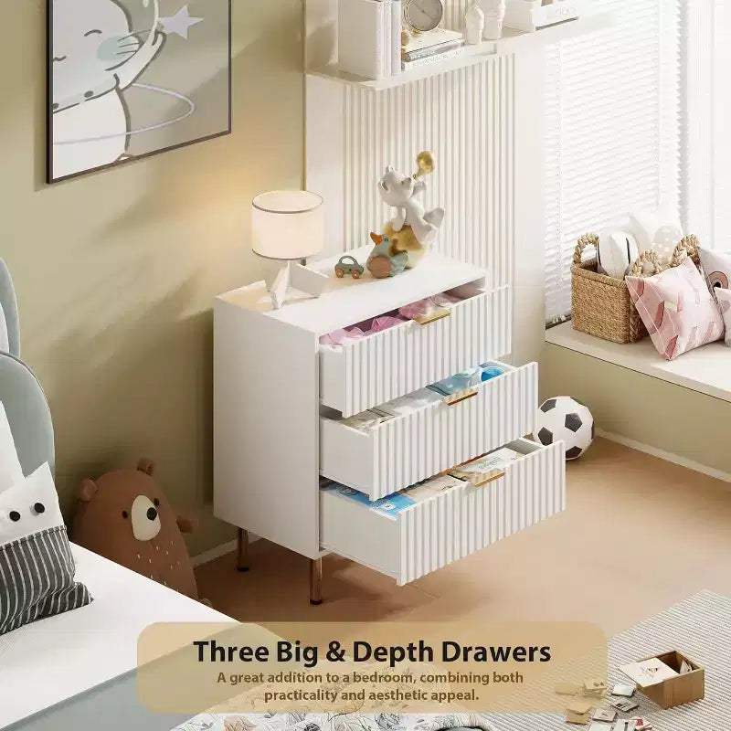 Comò a 3 cassetti per camera da letto, comodino moderno scanalato con cassetti profondi, cassettiera con piano largo, organizer in legno, tavolino
