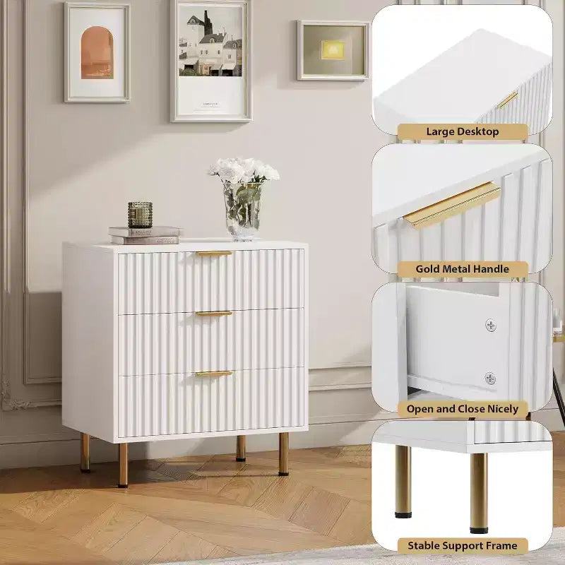 Comò a 3 cassetti per camera da letto, comodino moderno scanalato con cassetti profondi, cassettiera con piano largo, organizer in legno, tavolino