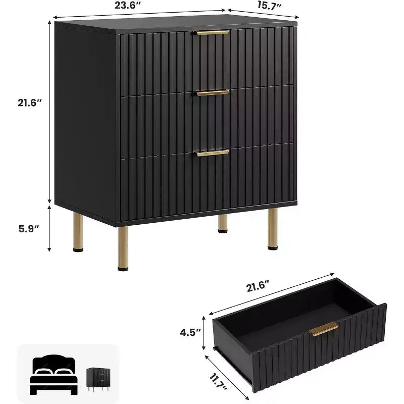 Comò a 3 cassetti per camera da letto, comodino moderno scanalato con cassetti profondi, cassettiera con piano largo, organizer in legno, tavolino