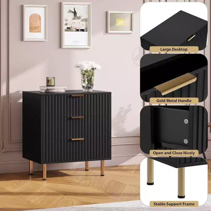 Comò a 3 cassetti per camera da letto, comodino moderno scanalato con cassetti profondi, cassettiera con piano largo, organizer in legno, tavolino