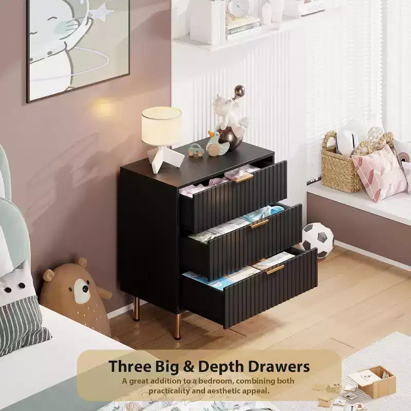 Comò a 3 cassetti per camera da letto, comodino moderno scanalato con cassetti profondi, cassettiera con piano largo, organizer in legno, tavolino