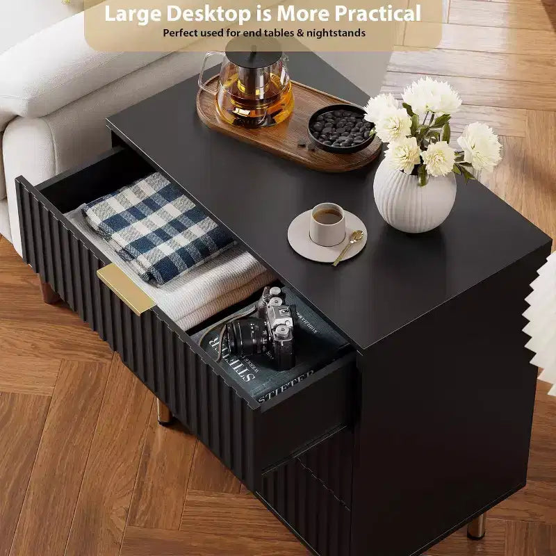 Comò a 3 cassetti per camera da letto, comodino moderno scanalato con cassetti profondi, cassettiera con piano largo, organizer in legno, tavolino