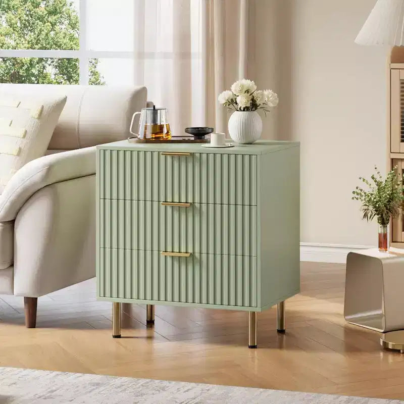 Comò a 3 cassetti per camera da letto, comodino moderno scanalato con cassetti profondi, cassettiera con piano largo, organizer in legno, tavolino