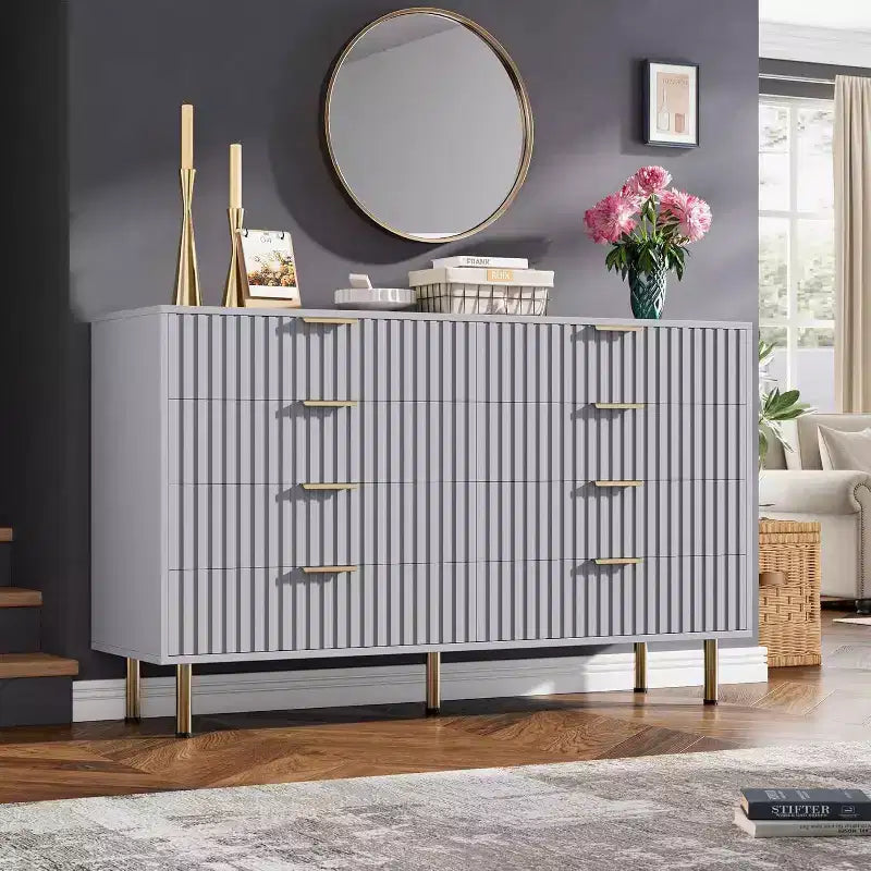 Cassettiera a 8 cassetti per camera da letto, Comò moderno scanalato con cassetti profondi, Organizer cassettiera in legno per soggiorno, corridoio, camera dei bambini