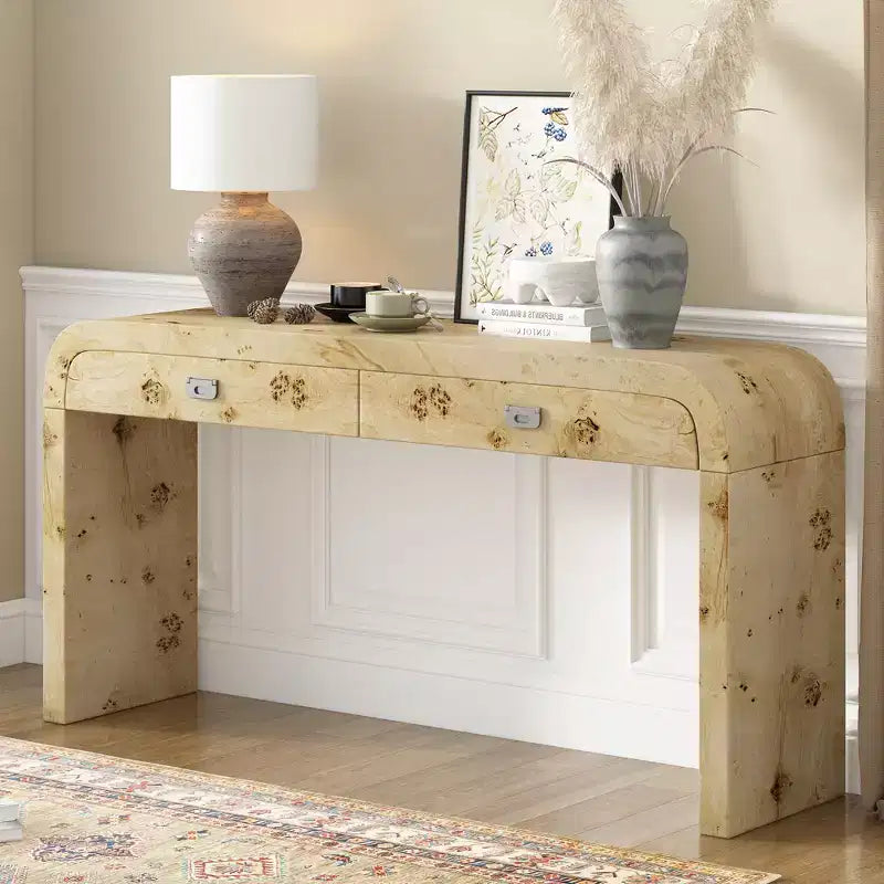 Consolle ad arco con cassetti, Tavolo da ingresso minimalista in legno con cassetti per ingresso