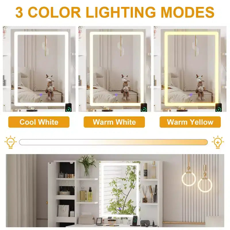 Toeletta Trucco con Specchio Illuminato Luci a 3 Colori Stazione di Ricarica Armadietto a Vista Tavolino da Trucco Nero Camera da Letto