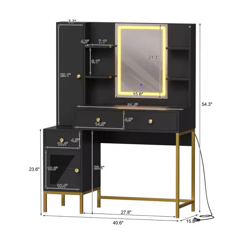 Toeletta Trucco con Specchio Illuminato Luci a 3 Colori Stazione di Ricarica Armadietto a Vista Tavolino da Trucco Nero Camera da Letto