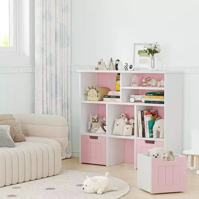 Organizer per Giocattoli Scaffale per Libri per Bambini con 3 Cassetti Mobili, Libreria per Bambini Mobiletto per Camera da Letto, Sala Giochi, Asilo Nido (Rosa Bianco), Facile Montaggio