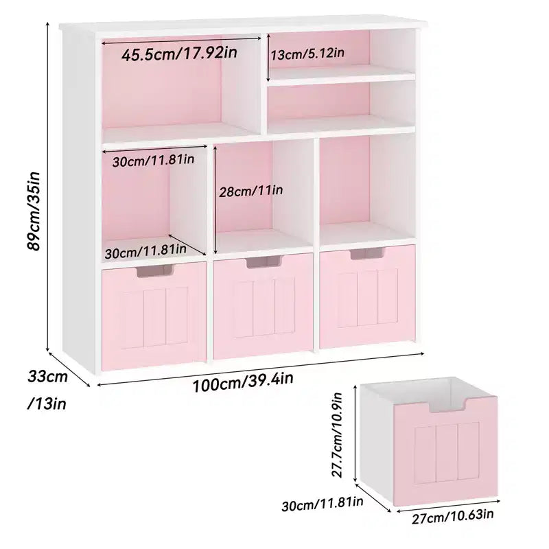 Organizer per Giocattoli Scaffale per Libri per Bambini con 3 Cassetti Mobili, Libreria per Bambini Mobiletto per Camera da Letto, Sala Giochi, Asilo Nido (Rosa Bianco), Facile Montaggio