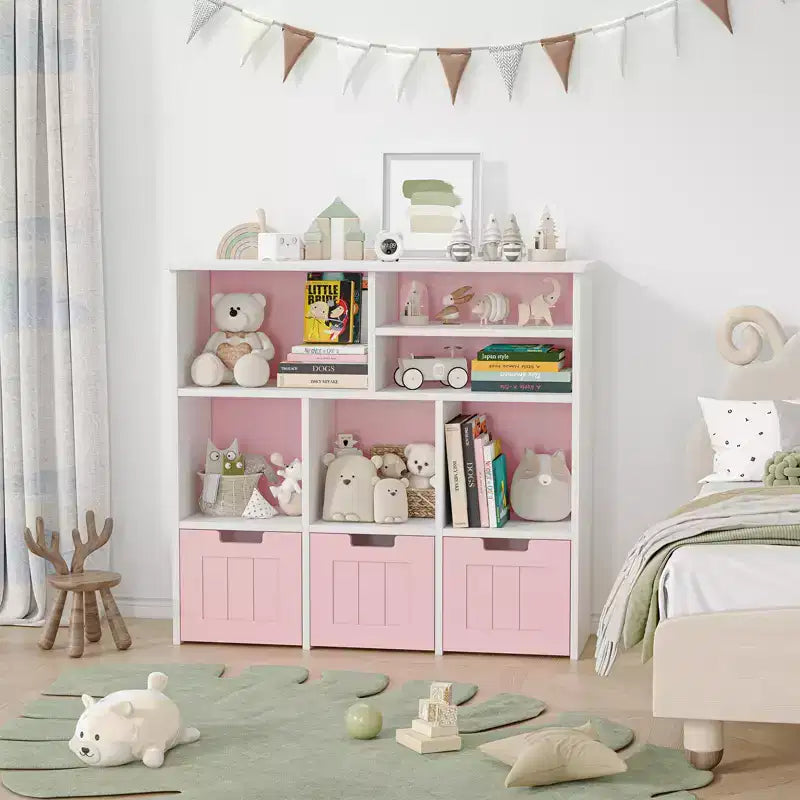 Organizer per Giocattoli Scaffale per Libri per Bambini con 3 Cassetti Mobili, Libreria per Bambini Mobiletto per Camera da Letto, Sala Giochi, Asilo Nido (Rosa Bianco), Facile Montaggio