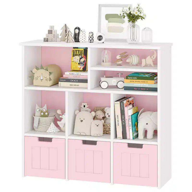 Organizer per Giocattoli Scaffale per Libri per Bambini con 3 Cassetti Mobili, Libreria per Bambini Mobiletto per Camera da Letto, Sala Giochi, Asilo Nido (Rosa Bianco), Facile Montaggio