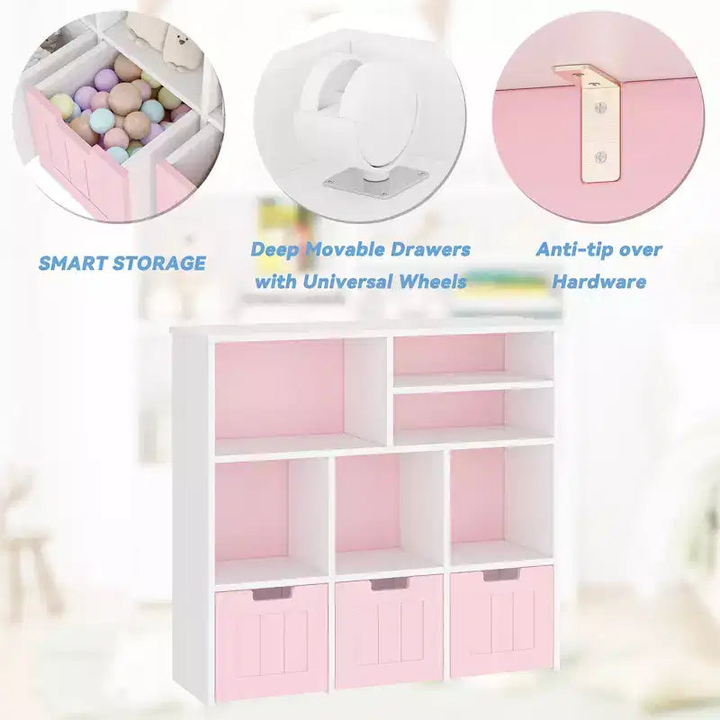 Organizer per Giocattoli Scaffale per Libri per Bambini con 3 Cassetti Mobili, Libreria per Bambini Mobiletto per Camera da Letto, Sala Giochi, Asilo Nido (Rosa Bianco), Facile Montaggio
