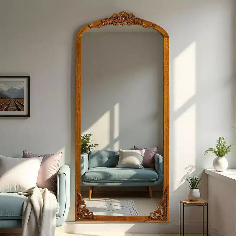Specchio a figura intera ad angolo retto con micro arco intagliato in legno massiccio nero da 69x30 pollici (senza staffa)