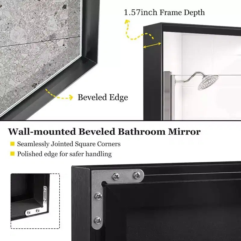 Specchio da bagno con cornice nera 40 x 30 pollici, specchio da parete rettangolare con vetro flottante e cornice in alluminio spazzolato, montaggio verticale o orizzontale