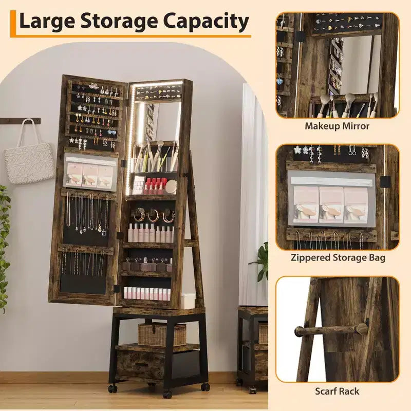 Armadietto Portagioie a Specchio a Figura Intera da 66", Organizzatore Verticale con Serratura e Cassetto Portaoggetti, Mensola Posteriore, Base Girevole a 360° e Ruote