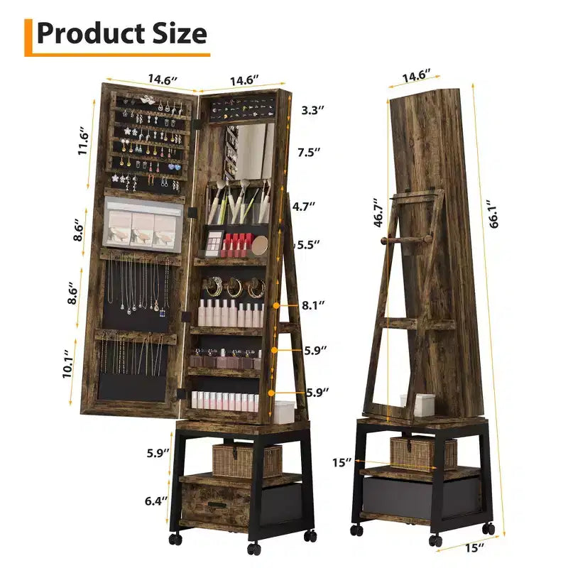 Armadietto Portagioie a Specchio a Figura Intera da 66", Organizzatore Verticale con Serratura e Cassetto Portaoggetti, Mensola Posteriore, Base Girevole a 360° e Ruote