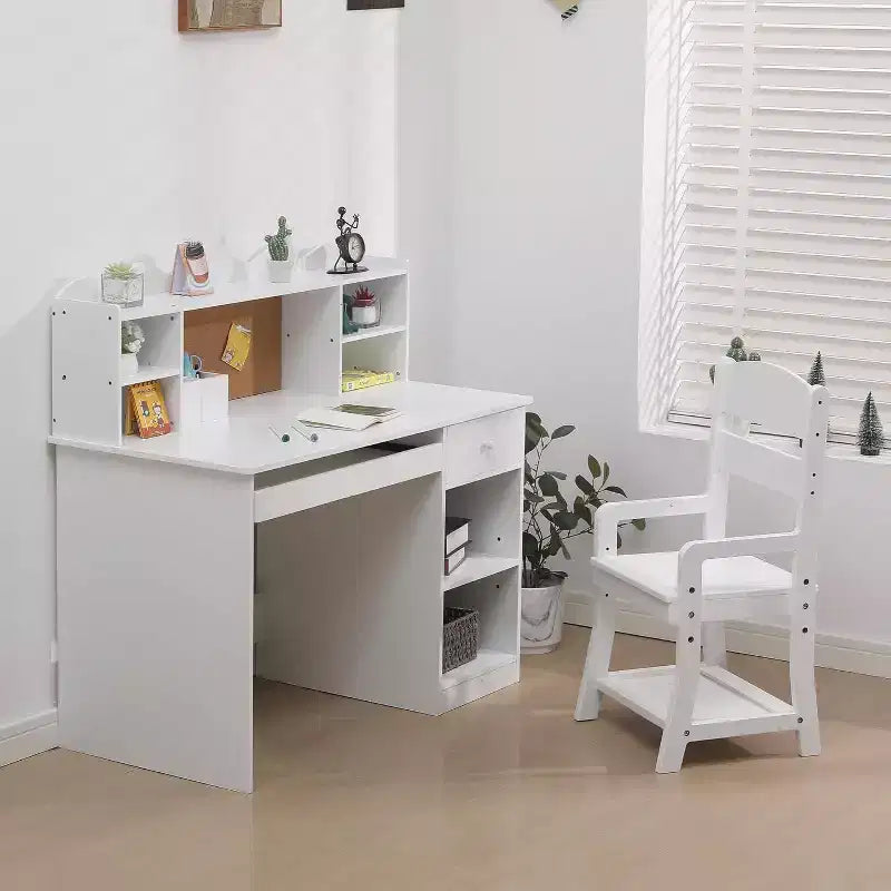 Set Scrivania Studio per Bambini con Bacheca, Cassetto Tastiera e Contenitore - Tavolo e Sedia per l'Apprendimento per Età 3-8