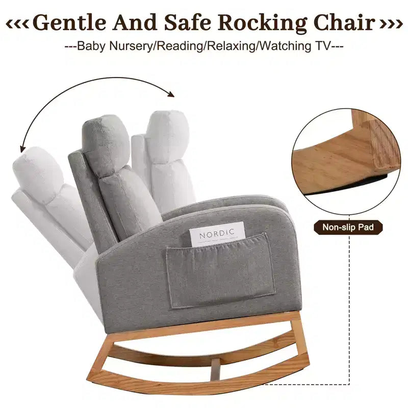 Sedia a Dondolo per Asilo Nido, Poltrona Relax Imbottita con Tasca Laterale, Sedia Accento Comoda con Schienale Alto e Gambe in Legno di Gomma per Camera da Letto Salotto