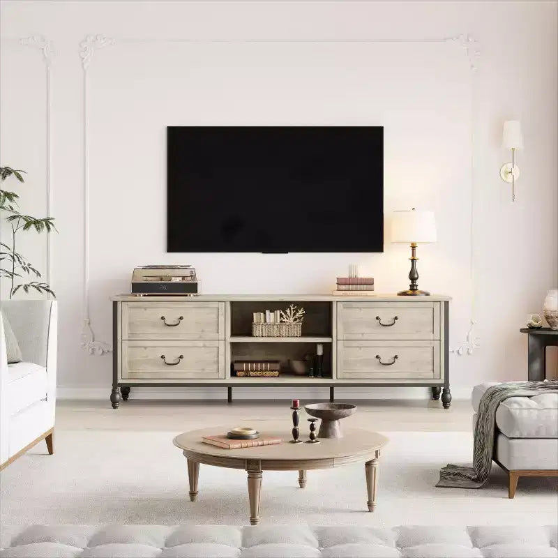 Mobile TV moderno di metà secolo da 70 pollici con contenitore, centro di intrattenimento con colonne romane in metallo e cassetti, tavolo console TV per soggiorno