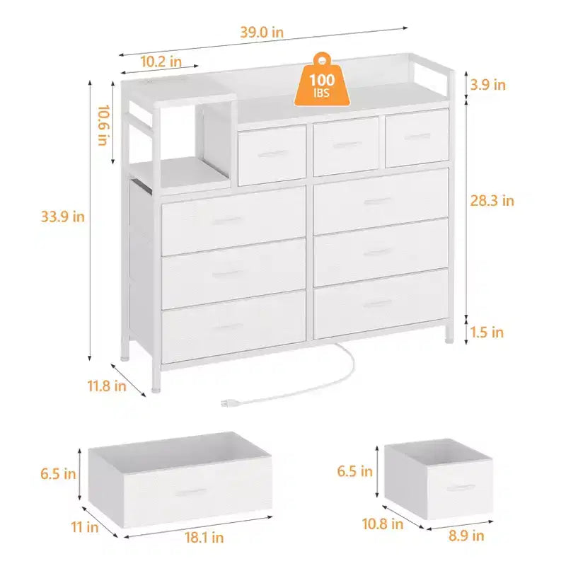 Comò a 9 cassetti per camera da letto con supporto TV | Multifunzionale con stazione di ricarica integrata, cassettiera alta per organizzazione dell'armadio, appartamenti
