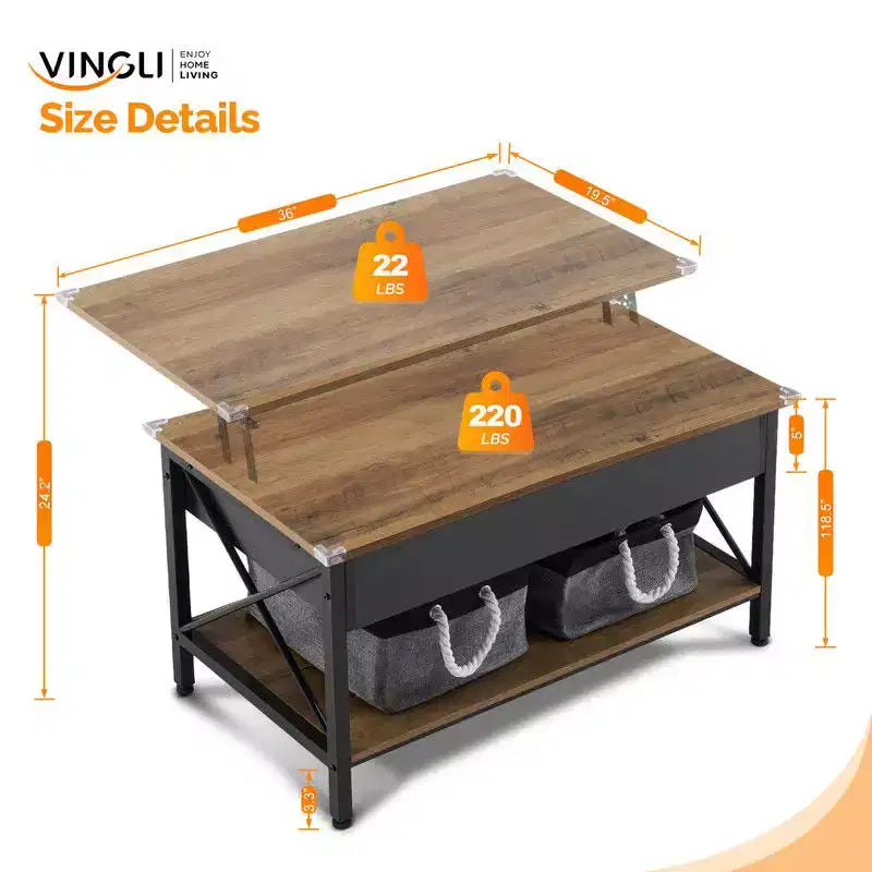 Tavolino con pannello marrone in legno P2, cornice regolabile in metallo a X, pannello laterale rettangolare con venature del legno nere