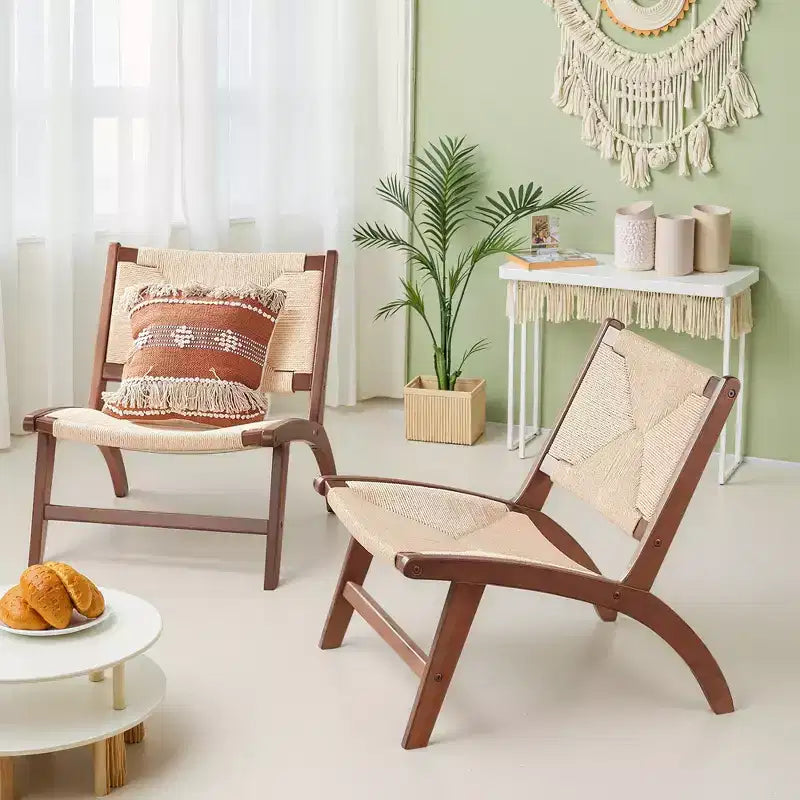 Poltrona Moderna Boho - Legno di faggio scandinavo, Seduta e schienale intrecciati in iuta (Ambra chiaro-Beige)