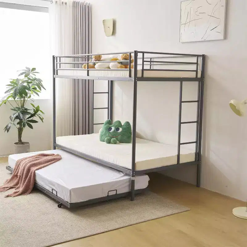 Letto a Castello Nero con Letto Estraibile, Struttura in Metallo Resistente con Sponde di Sicurezza e Scalette Laterali