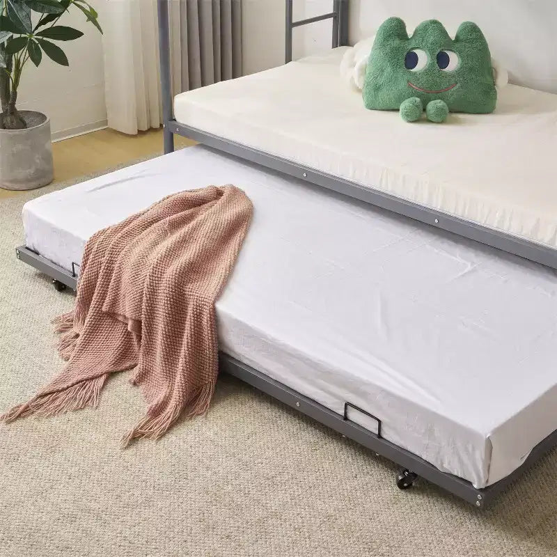 Letto a Castello Nero con Letto Estraibile, Struttura in Metallo Resistente con Sponde di Sicurezza e Scalette Laterali