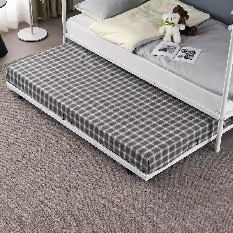 Letto a Castello Nero con Letto Estraibile, Struttura in Metallo Resistente con Sponde di Sicurezza e Scalette Laterali
