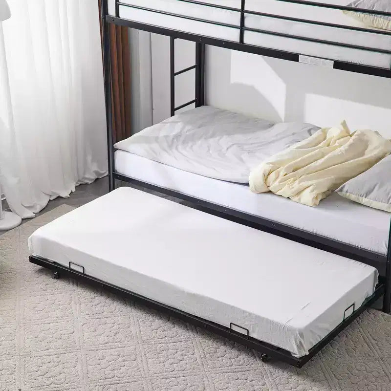 Letto a Castello Nero con Letto Estraibile, Struttura in Metallo Resistente con Sponde di Sicurezza e Scalette Laterali