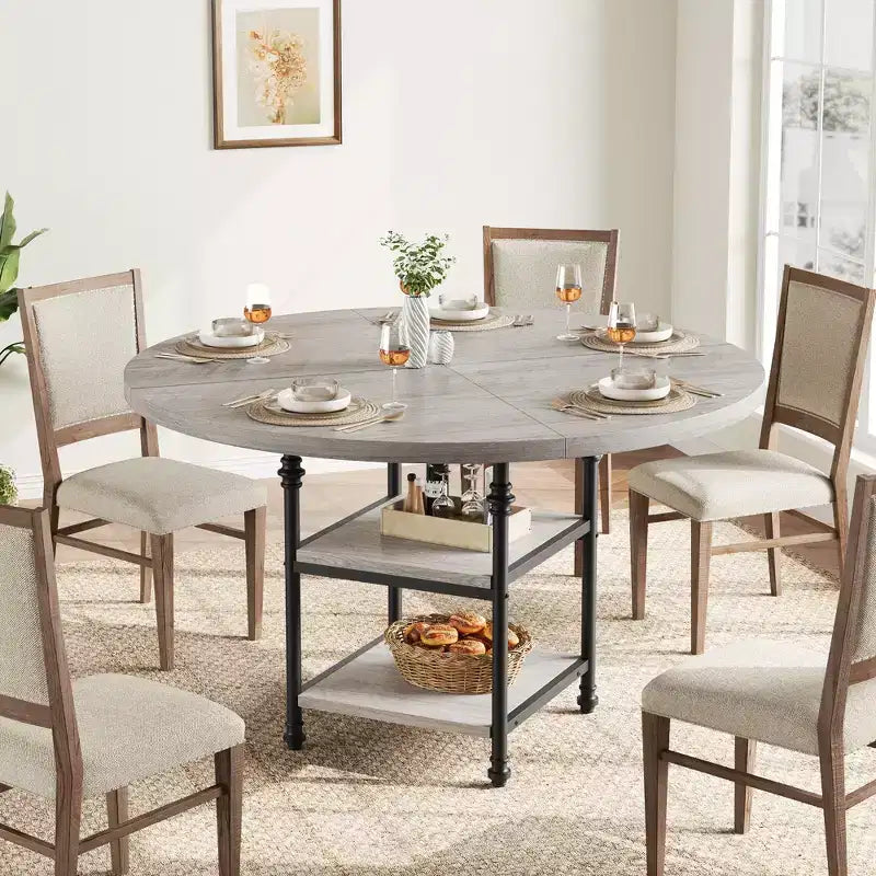 Tavolo da Pranzo Rotondo da 47 Pollici per 6 Persone, Tavolo da Cucina in Legno con Ripiani e Gambe in Metallo con Dettagli Romani per Sala da Pranzo, Cucina, Salotto (Solo Tavolo)