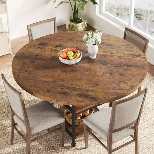 Tavolo da Pranzo Rotondo da 47 Pollici per 6 Persone, Tavolo da Cucina in Legno con Ripiani e Gambe in Metallo con Dettagli Romani per Sala da Pranzo, Cucina, Salotto (Solo Tavolo)