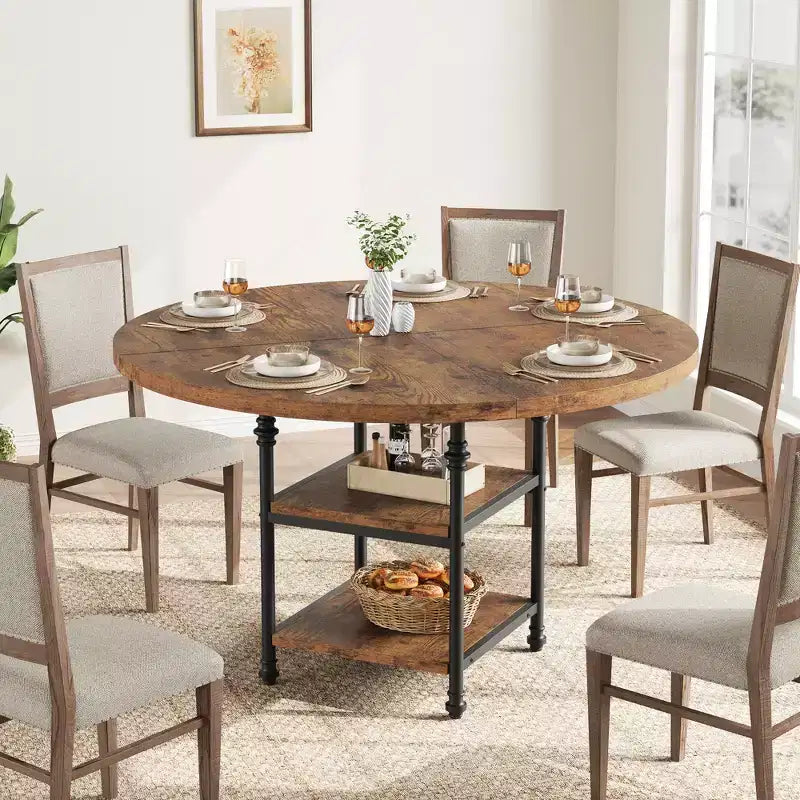 Tavolo da Pranzo Rotondo da 47 Pollici per 6 Persone, Tavolo da Cucina in Legno con Ripiani e Gambe in Metallo con Dettagli Romani per Sala da Pranzo, Cucina, Salotto (Solo Tavolo)
