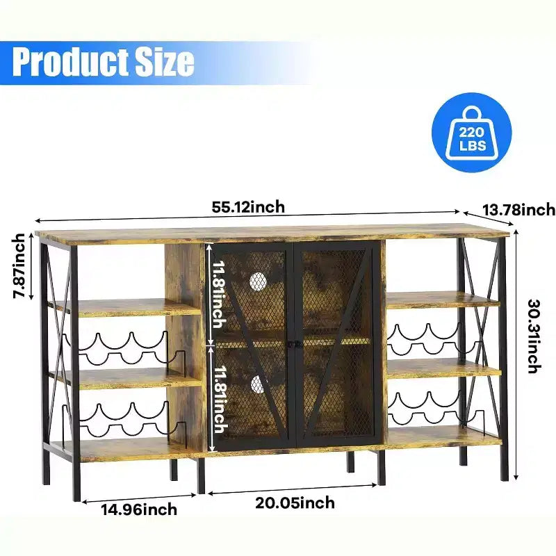Mobile Bar Industriale, Credenza Portabottiglie con Ripiani per Sala da Pranzo o Soggiorno