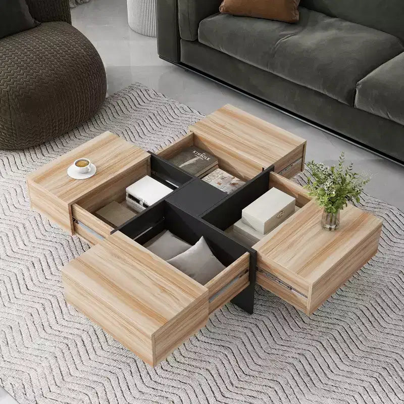 Tavolino quadrato da caffè da 80 cm con 4 vani portaoggetti nascosti, Tavolino da cocktail con piano estensibile e scorrevole, Tavolo centrale per soggiorno