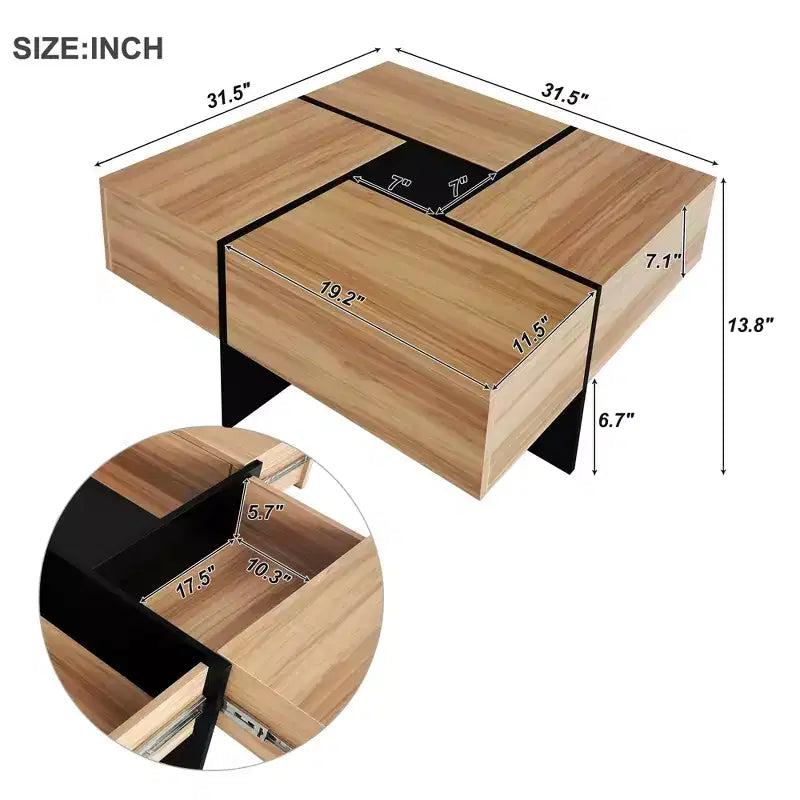 Tavolino quadrato da caffè da 80 cm con 4 vani portaoggetti nascosti, Tavolino da cocktail con piano estensibile e scorrevole, Tavolo centrale per soggiorno