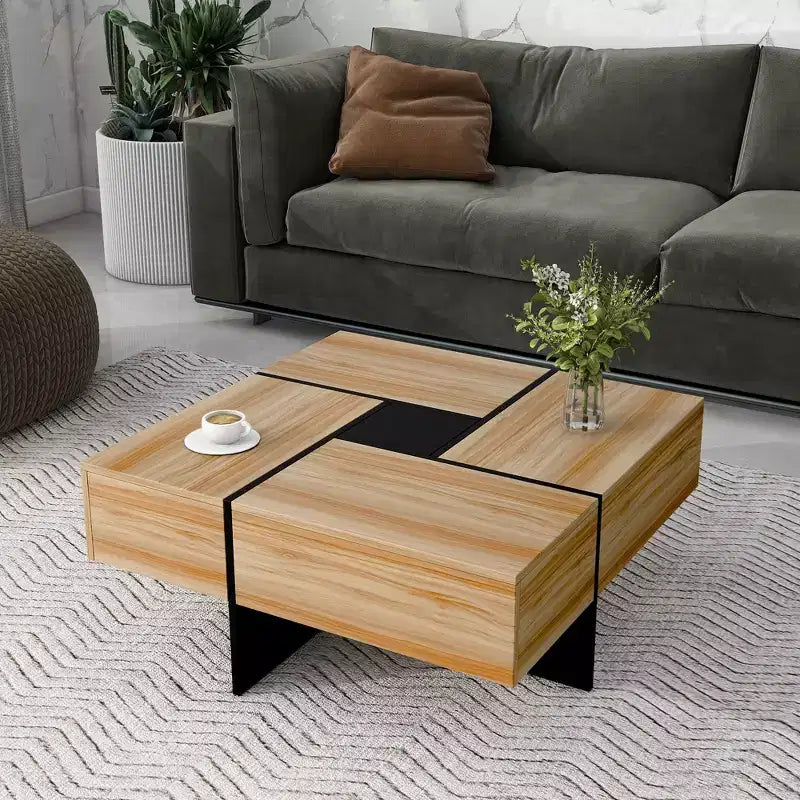 Tavolino quadrato da caffè da 80 cm con 4 vani portaoggetti nascosti, Tavolino da cocktail con piano estensibile e scorrevole, Tavolo centrale per soggiorno