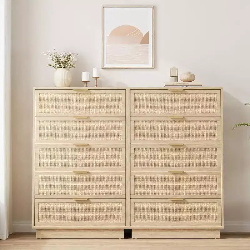 Comodino a 5 cassetti in rattan per camera da letto, corpo e gambe del mobile integrati, cassettiera in legno per corridoi, ingressi e armadi, facile montaggio