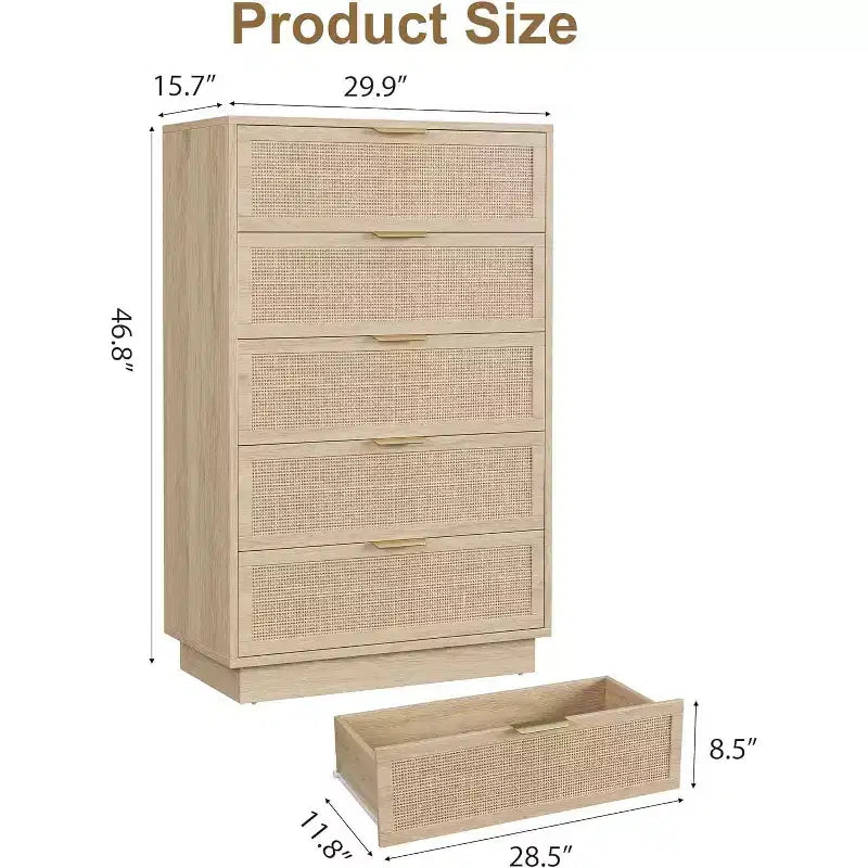 Comodino a 5 cassetti in rattan per camera da letto, corpo e gambe del mobile integrati, cassettiera in legno per corridoi, ingressi e armadi, facile montaggio