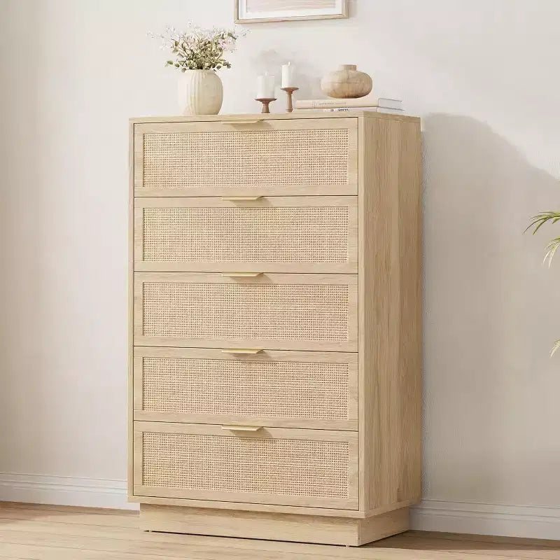 Comodino a 5 cassetti in rattan per camera da letto, corpo e gambe del mobile integrati, cassettiera in legno per corridoi, ingressi e armadi, facile montaggio