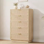 Comodino a 5 cassetti in rattan per camera da letto, corpo e gambe del mobile integrati, cassettiera in legno per corridoi, ingressi e armadi, facile montaggio