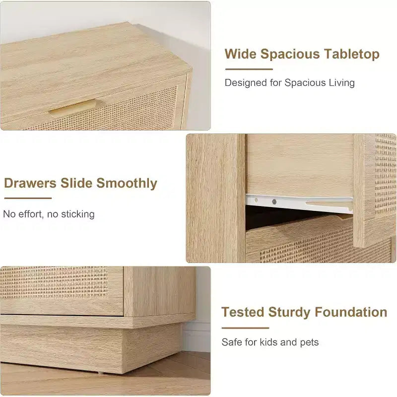 Comodino a 5 cassetti in rattan per camera da letto, corpo e gambe del mobile integrati, cassettiera in legno per corridoi, ingressi e armadi, facile montaggio