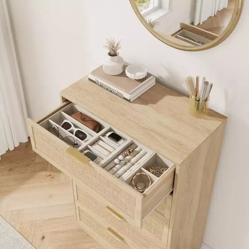 Comodino a 5 cassetti in rattan per camera da letto, corpo e gambe del mobile integrati, cassettiera in legno per corridoi, ingressi e armadi, facile montaggio