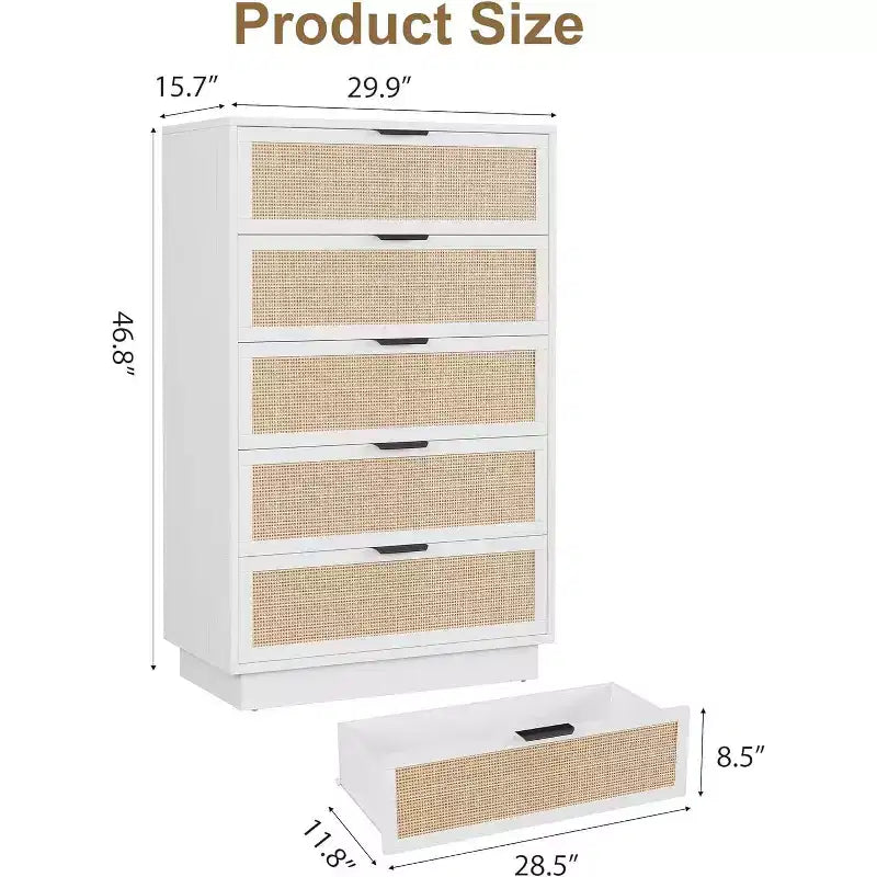 Comodino a 5 cassetti in rattan per camera da letto, corpo e gambe del mobile integrati, cassettiera in legno per corridoi, ingressi e armadi, facile montaggio