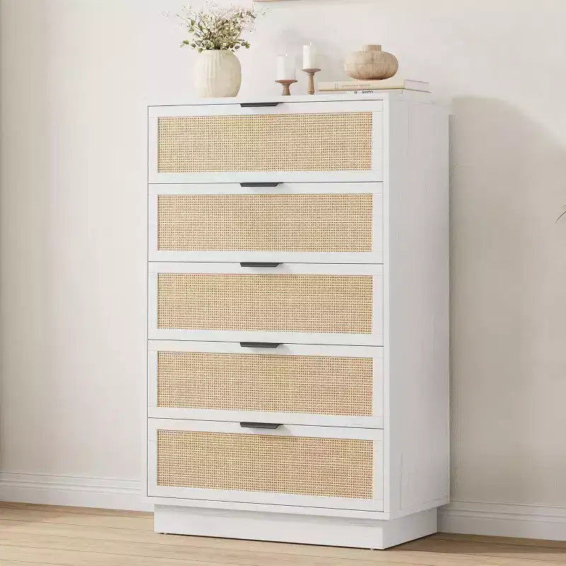Comodino a 5 cassetti in rattan per camera da letto, corpo e gambe del mobile integrati, cassettiera in legno per corridoi, ingressi e armadi, facile montaggio