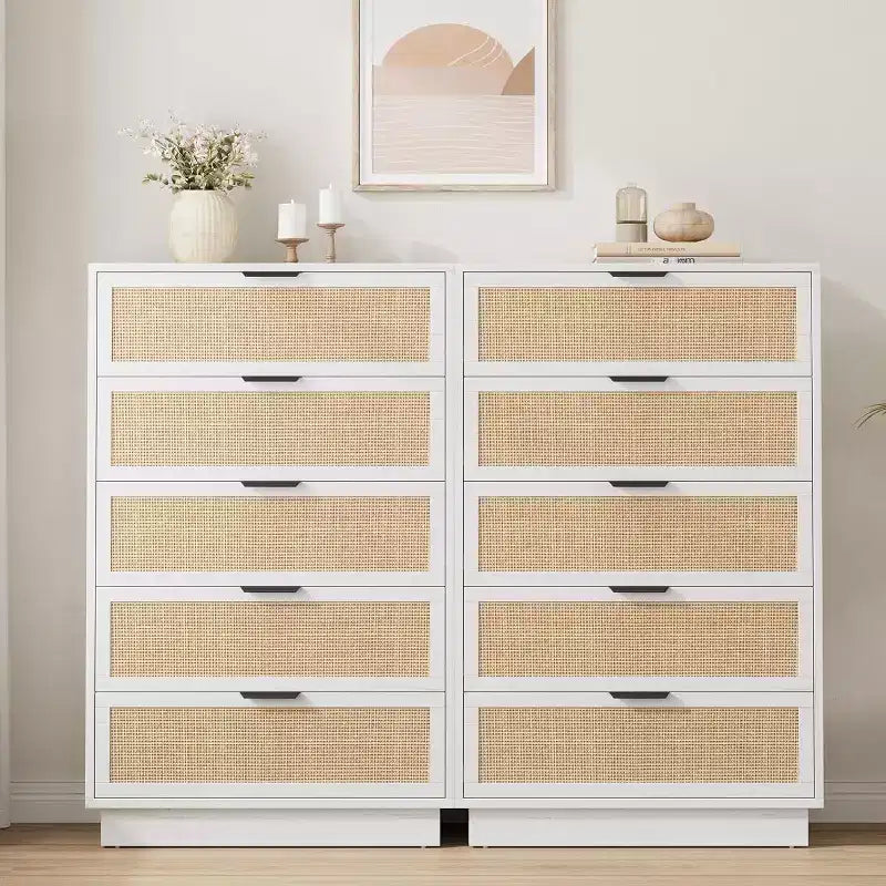 Comodino a 5 cassetti in rattan per camera da letto, corpo e gambe del mobile integrati, cassettiera in legno per corridoi, ingressi e armadi, facile montaggio